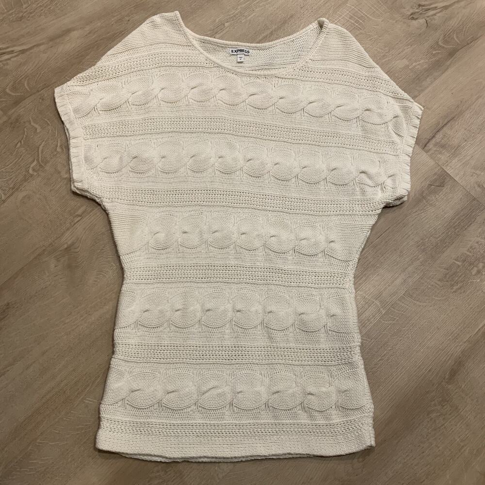 Express Cream White Short Sleeve Cable Knit Sweater Women's Small S Pullover